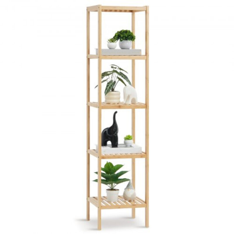 5-Tier Narrow Bamboo Shelf &ndash; Rattan Freestanding Storage Rack, Slim Bathroom Organizer for Plants, Towels, and Toiletries