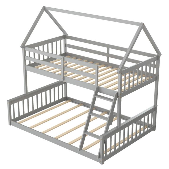 Hivvago Twin Over Full House Bunk Bed with Ladder and Guardrails