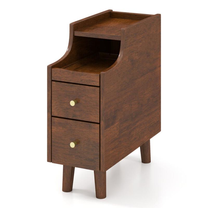 Hivvago Solid Wood End Table Narrow Bedside Table with Pull-out Tray and 2 Storage Drawers