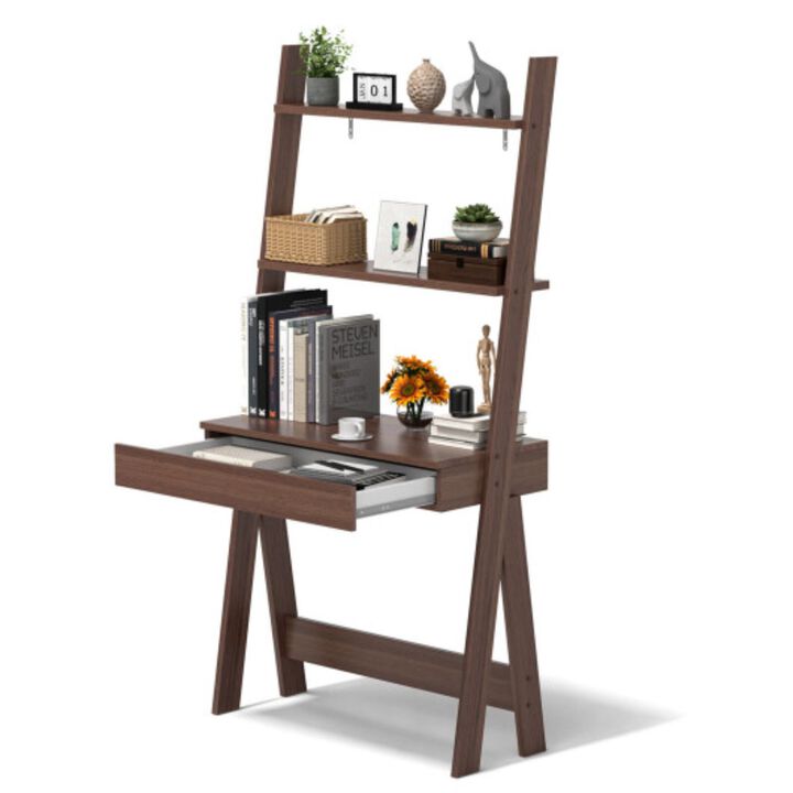 Ladder Shelf Desk Bookcase with Countertop  Drawer and 2 Shelves