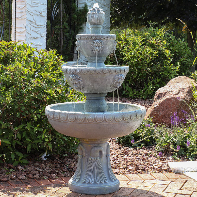 Sunnydaze Lion Head Fiberglass Outdoor 3-Tier Water Fountain