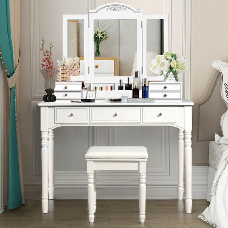 Hivvago Makeup Dressing Table with Tri-Folding Mirror and Cushioned Stool for Women