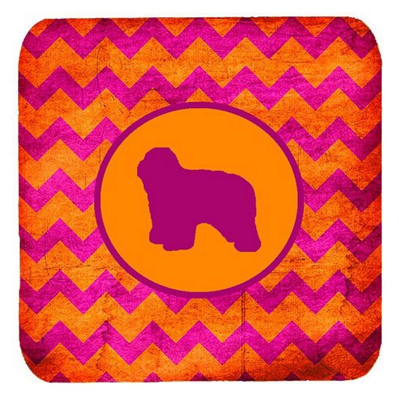 Caroline's Treasures SDK1144-B-FC Polish Lowland Sheepdog Chevron Pink and Orange Foam Coasters (Set of 4), 3.5 H x 3.5 W, Multicolor