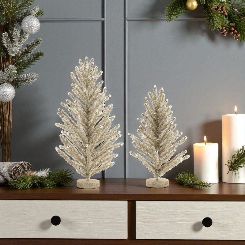 2-Pack Glittered Tinsel Pine Trees – Small Christmas Decorations for Mantels, Tiered Trays, or Office Desks
