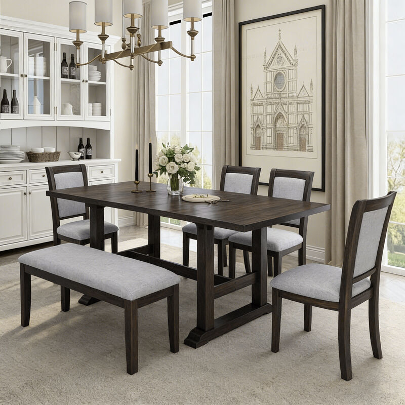 Merax 6-Piece Updated 76.9inch Extendable Trestle Dining Table Set with Removable Leaf Dining Sets image number 2