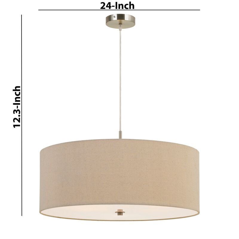 60W x 3 Drum Shade Pendant Fixture, Beige and Silver - Benzara