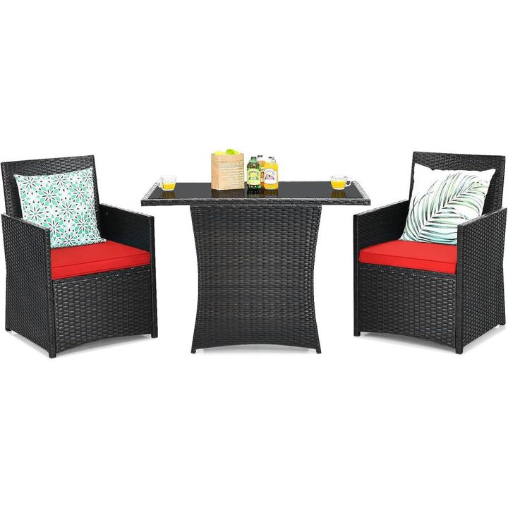 Hivvago 3-Piece Patio Furniture Outdoor Dining Set in Brown PE Rattan with Red Cushions