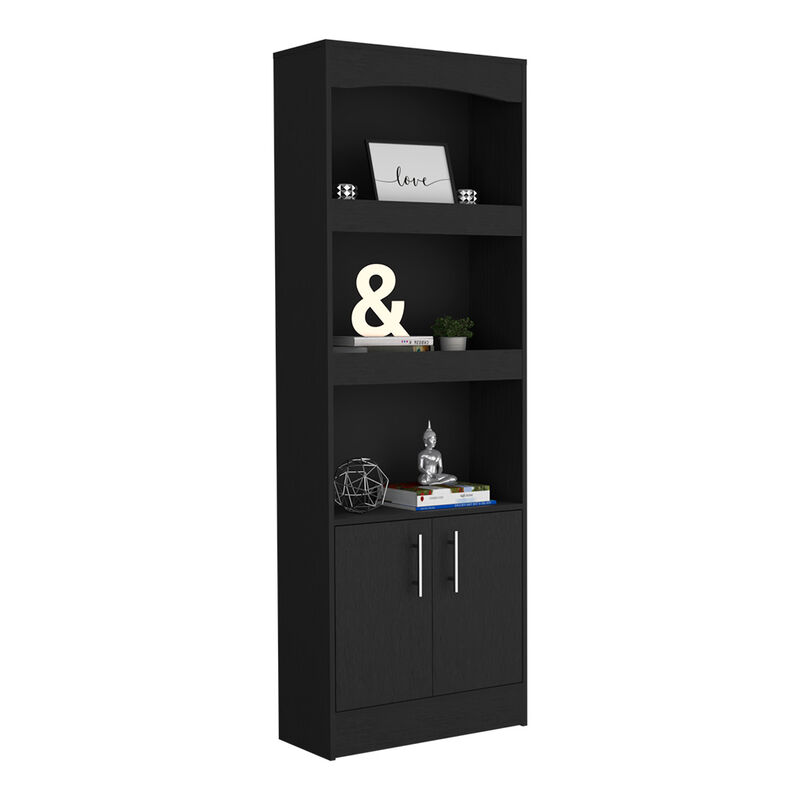 DEPOT E-SHOP Dozza Bookcase, Three Shelves, Double Door Cabinet, Metal Hardware, Black