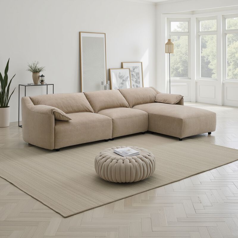 Vety L Shaped Sectional Sofa, Pillow Arm, Light Brown Nubuck Leather - Benzara