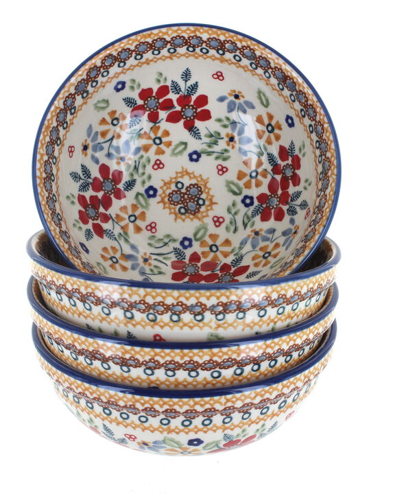 Blue Rose Polish Pottery Red Daisy 4 PC Dessert Bowl Set