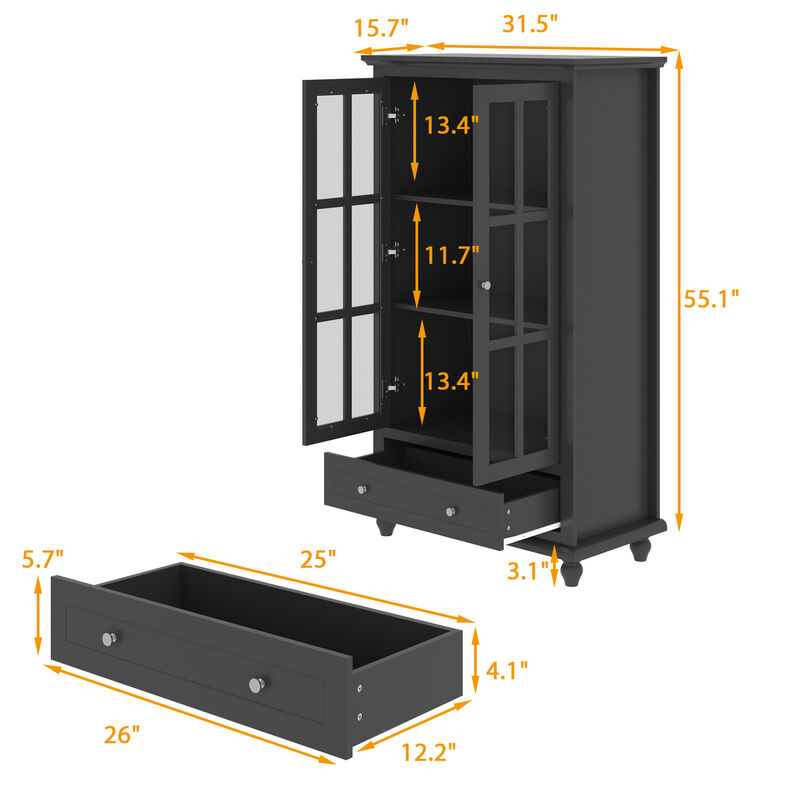 FUFU&GAGA Modern MDF Bookcase with 3 Shelves and Doors (31.5" W x 15.7" D x 55.1" H),Black