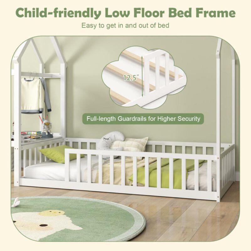 Hivvago Twin House Floor Bed Montessori Bed Frame with Storage Shelf