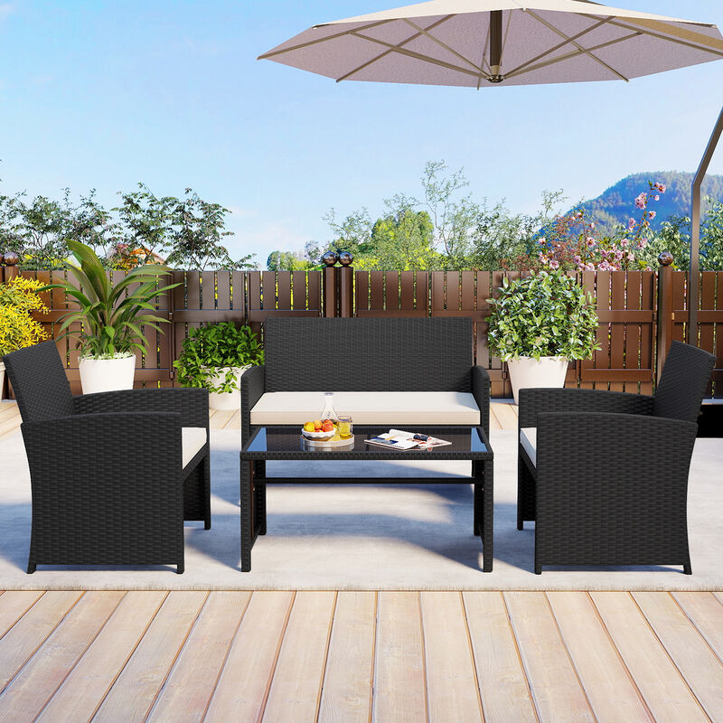 Outdoor 4 Piece Patio Furniture Set with Removable Cushions and Tempered Glass Table Top image number 3