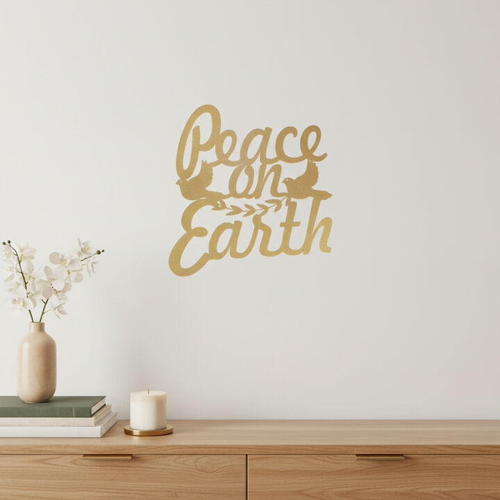 HomeRoots 16" X 14" Gold Metal Peace On Earth Metal Text Wall Decor