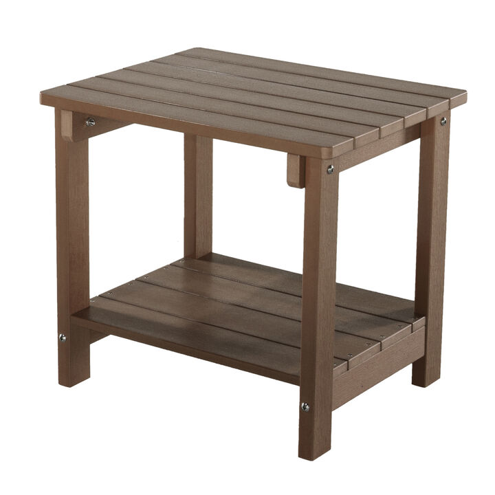 Weather Resistant Outdoor Indoor Plastic Wood End Table, Patio Rectangular Side table, Small table for Deck, Backyards, Lawns, Poolside, and Beaches, Brown