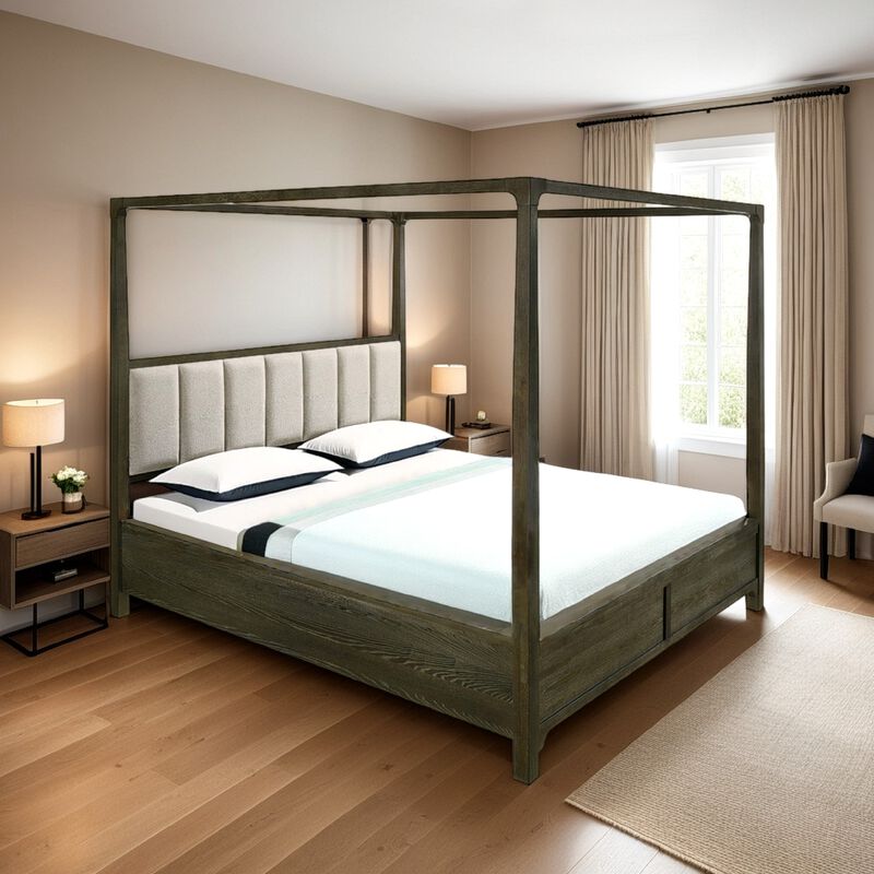 Seon Queen Canopy Bed w 4 Posters, Ivory Upholstery, Dark Cocoa Brown - Benzara