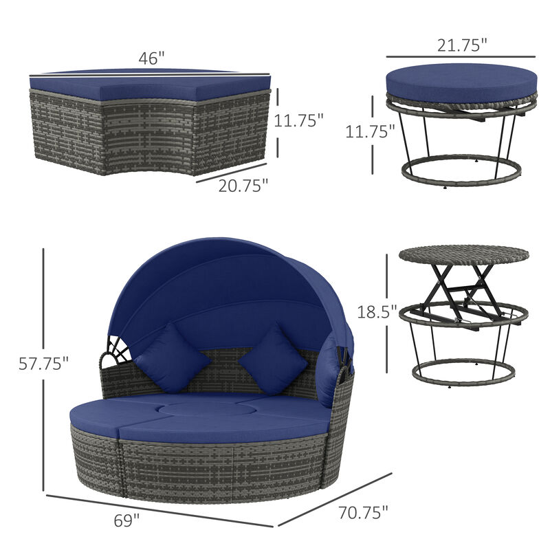 Outsunny 4 Piece Round Rattan Daybed, Convertible Patio Furniture Set, Adjustable Sun Canopy, Sectional Outdoor Sofa, 2 Chairs, Extending Tea Table Ottoman Chair, 3 Pillows, Dark Blue