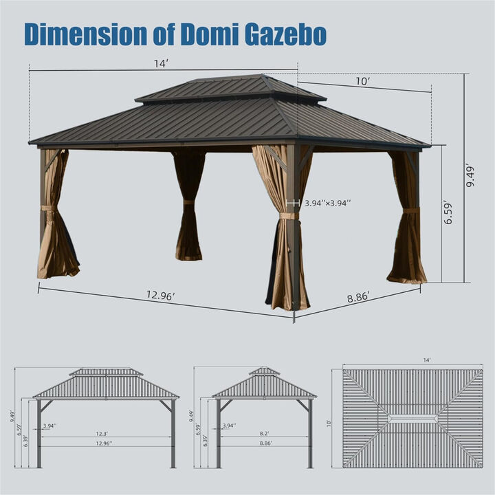 10' X 14' Hardtop Gazebo, Aluminum Metal Gazebo with Galvanized Steel Double Roof Canopy, Curtain and Netting, Permanent Gazebo Pavilion for Party, Wedding, Outdoor Dining, Brown