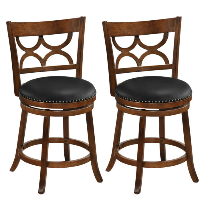 Set of 2 Swivel Bar Stools with High Backrest and Wood Frame