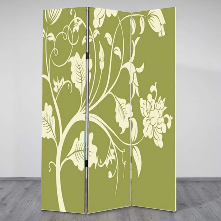 3 Panel Room Divider with Stems and Flower Pattern, Cream and Green-Benzara
