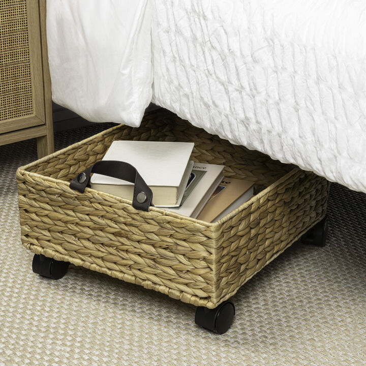 Adaline 18.11" Classic Farmhouse Handwoven Hyacinth Rectangular Underbed Storage Bin with Wheels and Handles