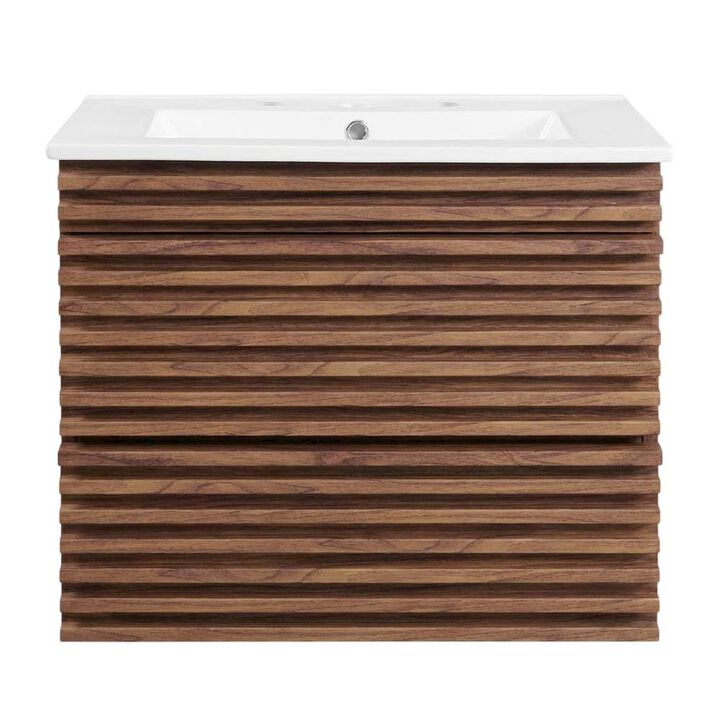 Walnut White 24-Inch Wall-Mount Bathroom Vanity with Ceramic Sink
