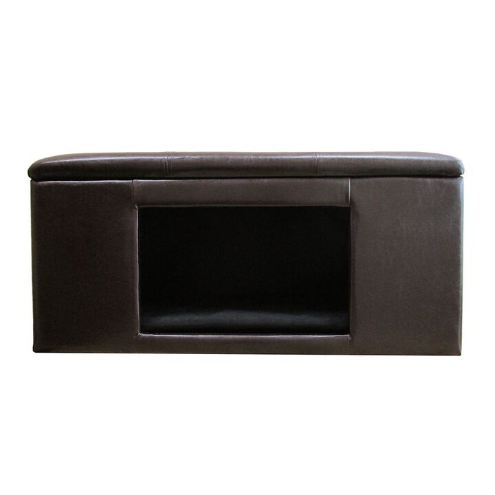 Leatherette Upholstered Wooden Pet Bench With Cutout For Easy Access, Brown - Benzara