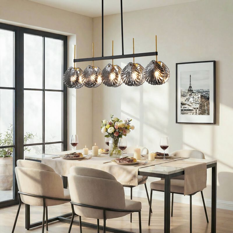 Five-Light Linear Chandelier, Smoky Gray Shell Glass, Black and Gold image number 3