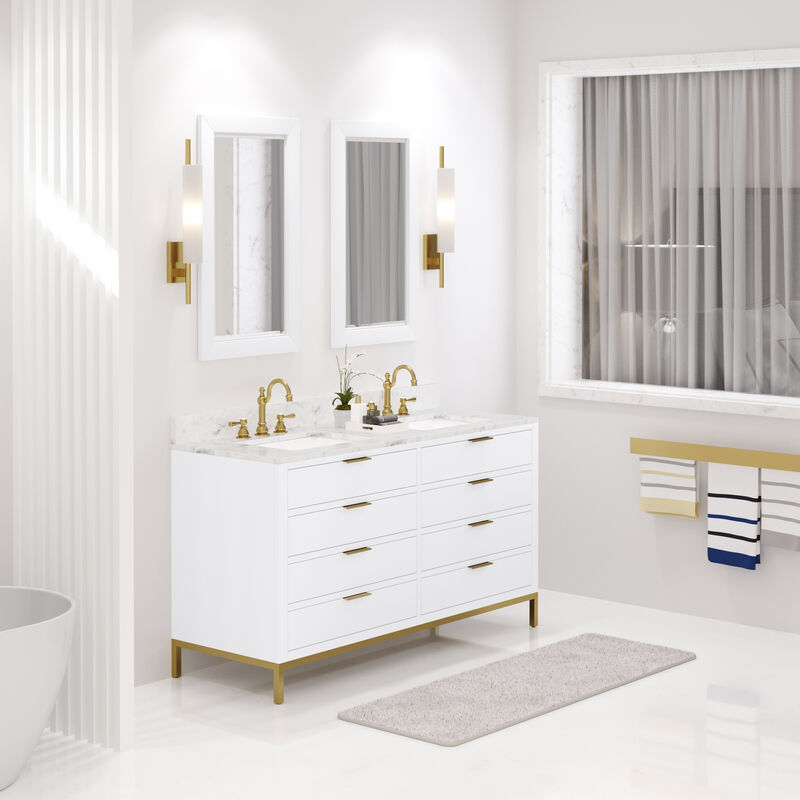 Bristol 60 In. Double Sink Carrara White Marble Countertop Bath Vanity in Pure White