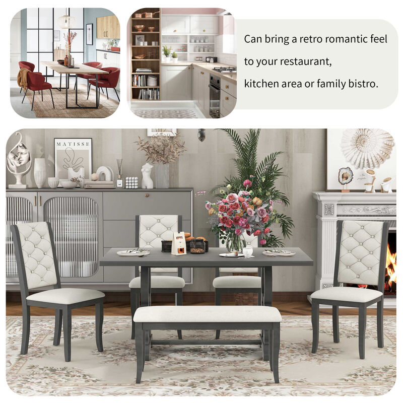 6-Piece Retro Dining Set with Unique-designed Table Legs and Foam-covered Seat Backs&Cushions for Dining Room (Antique Grey)
