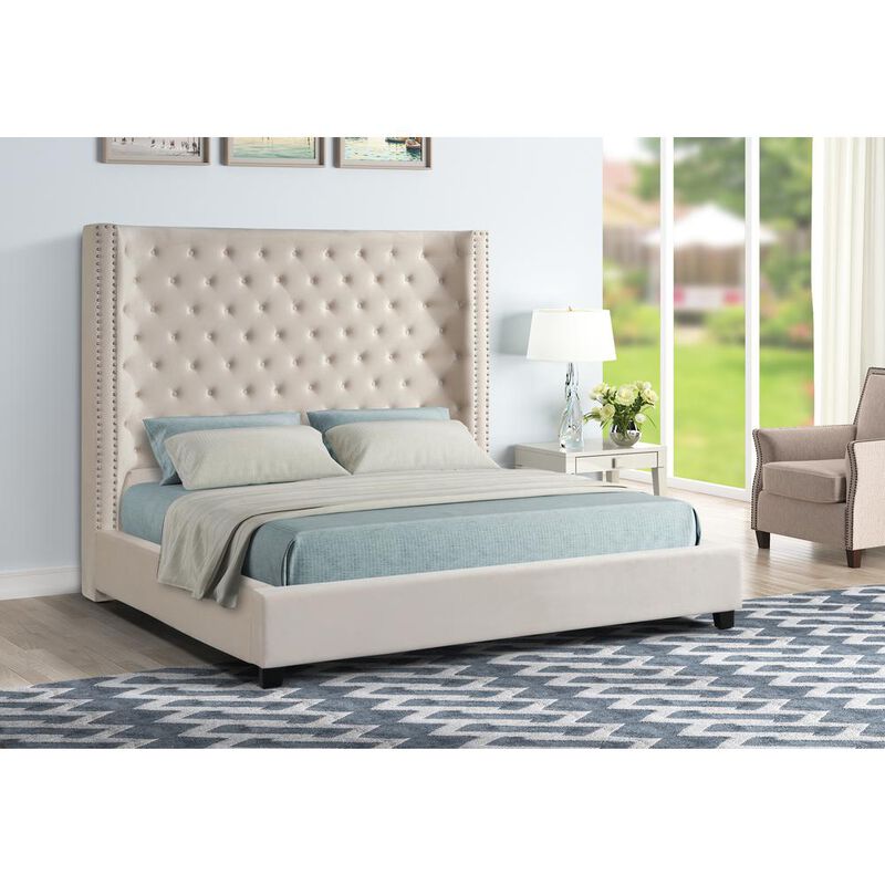 Best Master Furniture Yvonne Velvet Upholstered Cali King Platform Bed in Beige