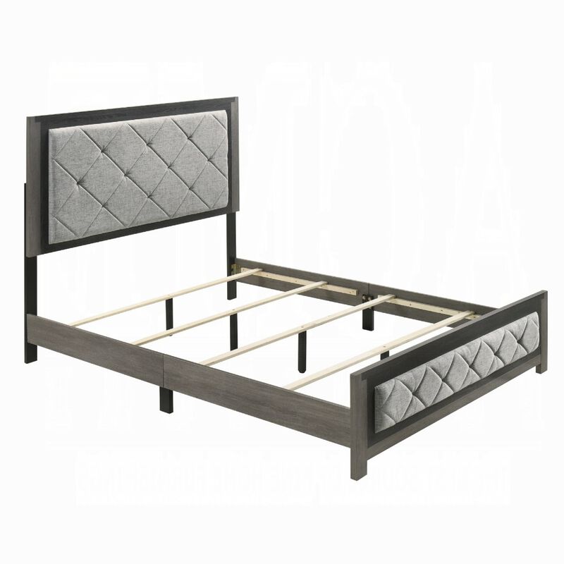 Joho King Bed with Gray Diamond Button Tufted Upholstery, Modern Gray - Benzara