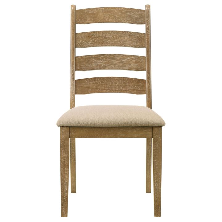 Danie Dining Side Chair Set of 2, Ladderback, Brown Wood, Beige Fabric - Benzara