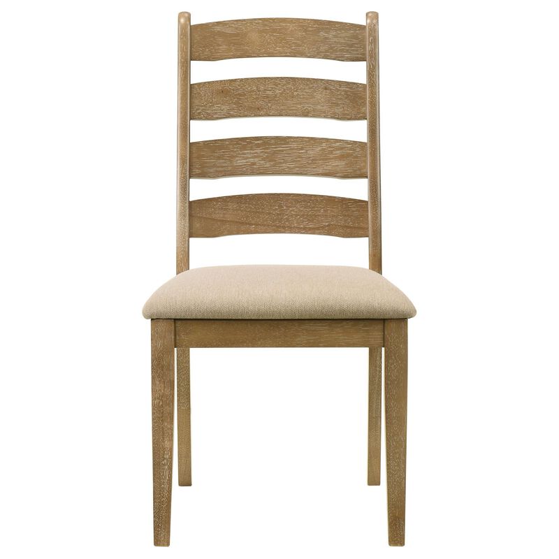 Danie Dining Side Chair Set of 2, Ladderback, Brown Wood, Beige Fabric - Benzara