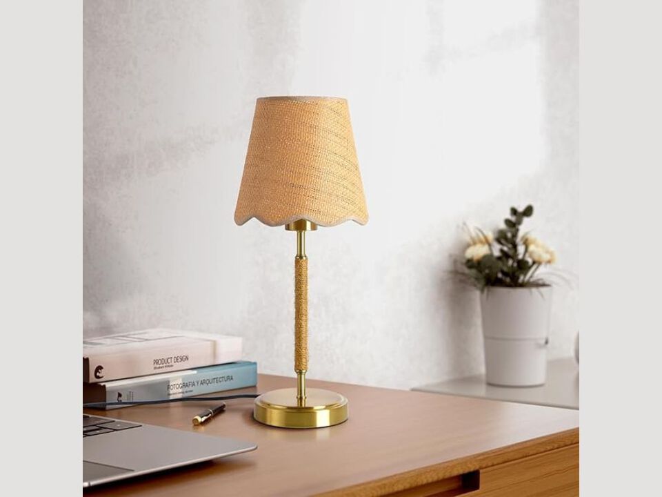 Boho Table Lamp with Rattan Shade, Brass Base, Touch Control Bedside Lamp