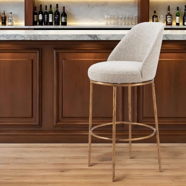HomeRoots 32" Beige And Gold Fabric And Steel Bar Height Swivel Bar Chair