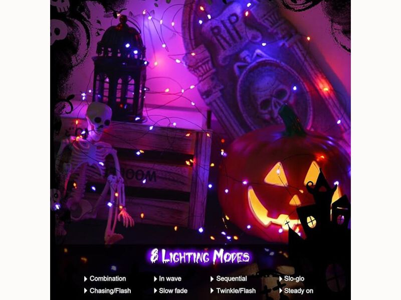 2-Pack 66FT Halloween Fairy Lights – 200 LED Battery-Operated Silver Wire with Timer & 8 Modes in Purple & Orange for Outdoor Decor