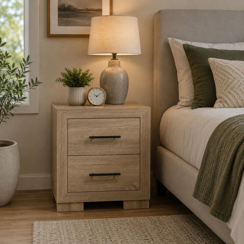 Poxy Nightstand, 2 Drawers and Hidden Casters, Oak Brown, 25 Inch image number 1