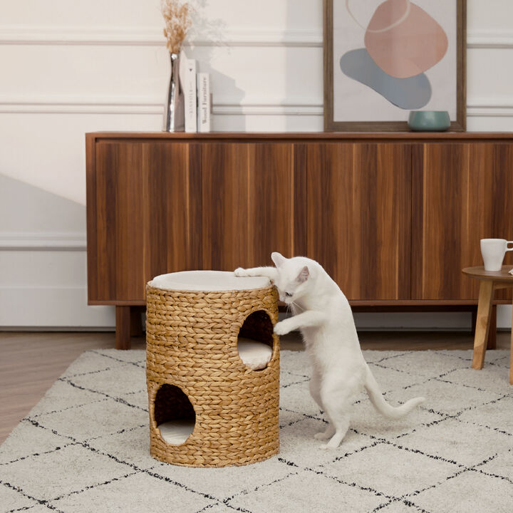 Neith 3-Tier Woven Water Hyacinth Cat Tower with Washable Cushions, Tan/Cream