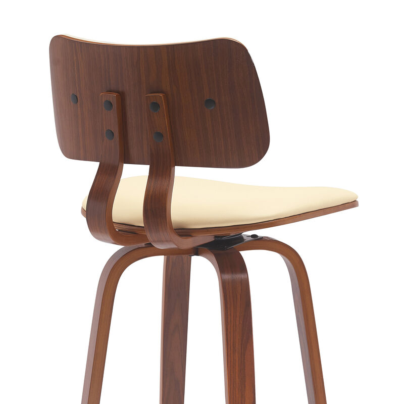 HomeRoots 30" Cream And Wood Brown Faux Leather Swivel Low Back Bar Height Bar Chair