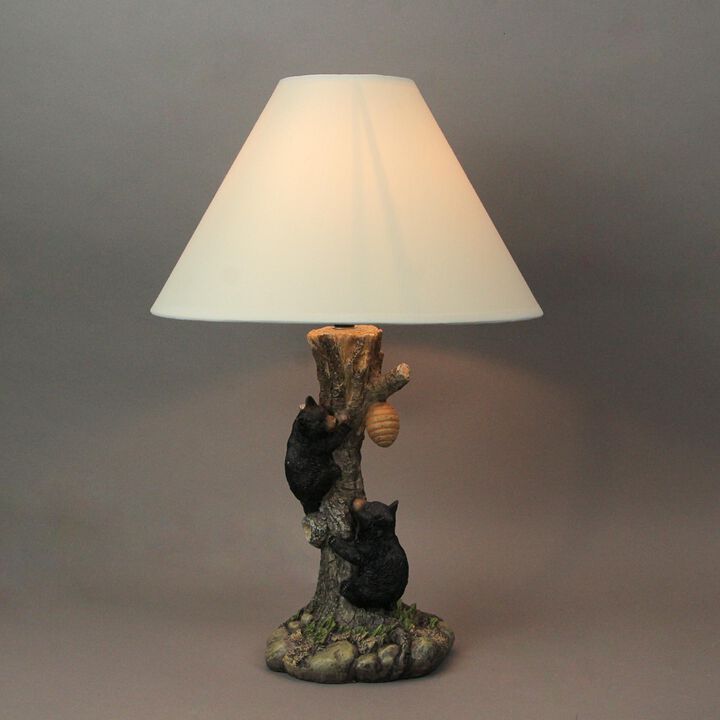 Rustic Black Bear Cubs Climbing Tree For Honey Table Lamp Beige Fabric Shade