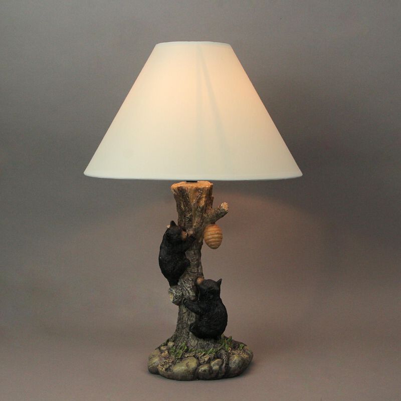 Rustic Black Bear Cubs Climbing Tree For Honey Table Lamp Beige Fabric Shade image number 1