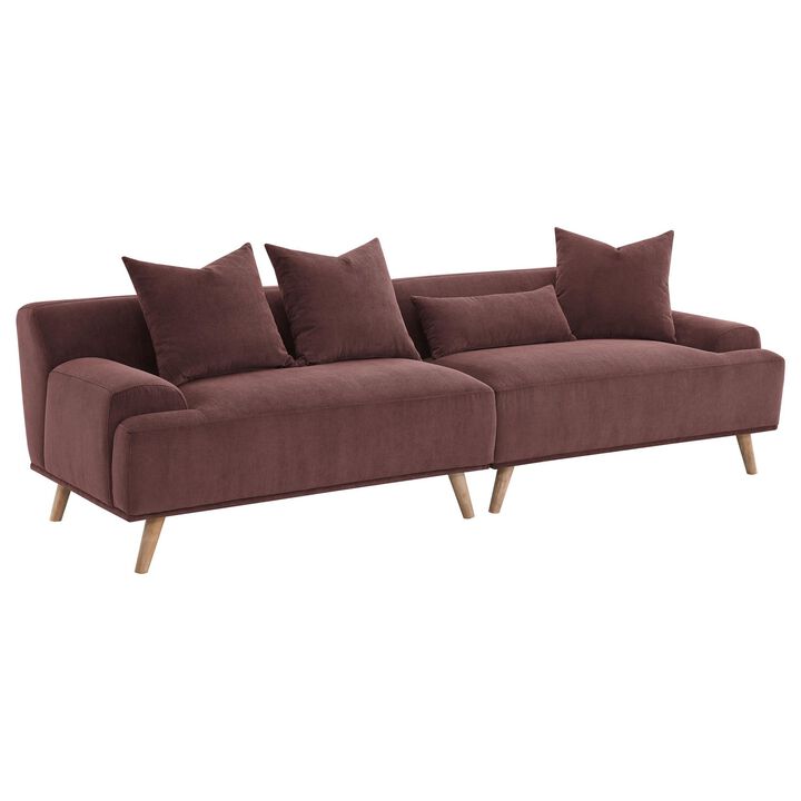 Beno Long Sofa, 103 Inch, Retro Burgundy Red Corduroy, 4 Throw Pillows - Benzara