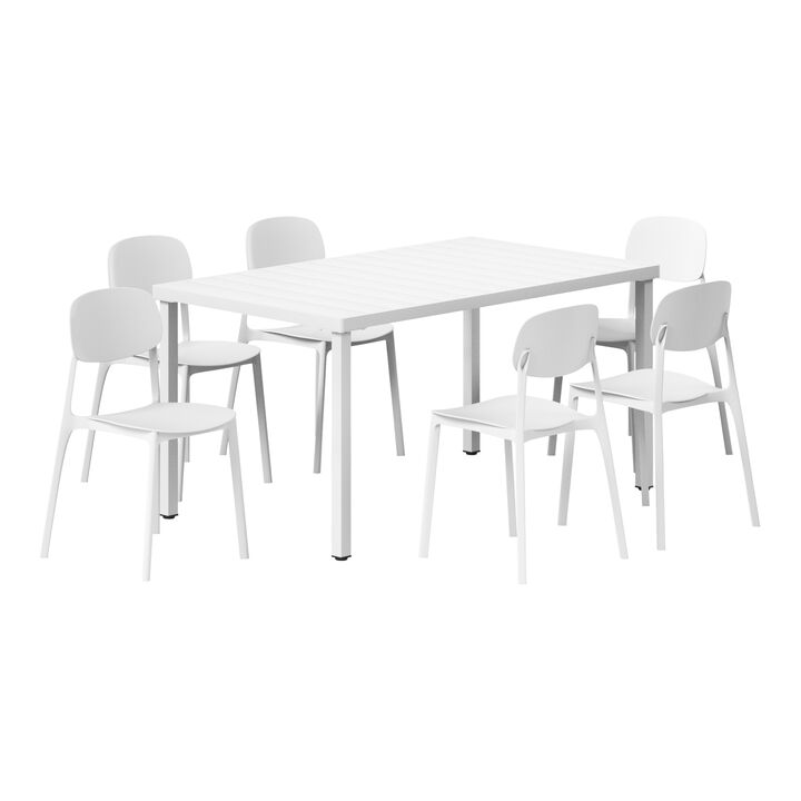 WestinTrends 7-Piece Outdoor Rectangular Metal Patio Dining Table Set With Mid-Century Modern Stackable Patio Side Chairs