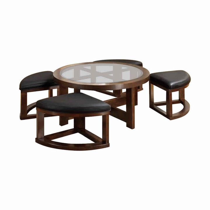 Gracious Round Wooden Coffee Table With Stylish Wedge Shaped 4 Ottomans-Benzara