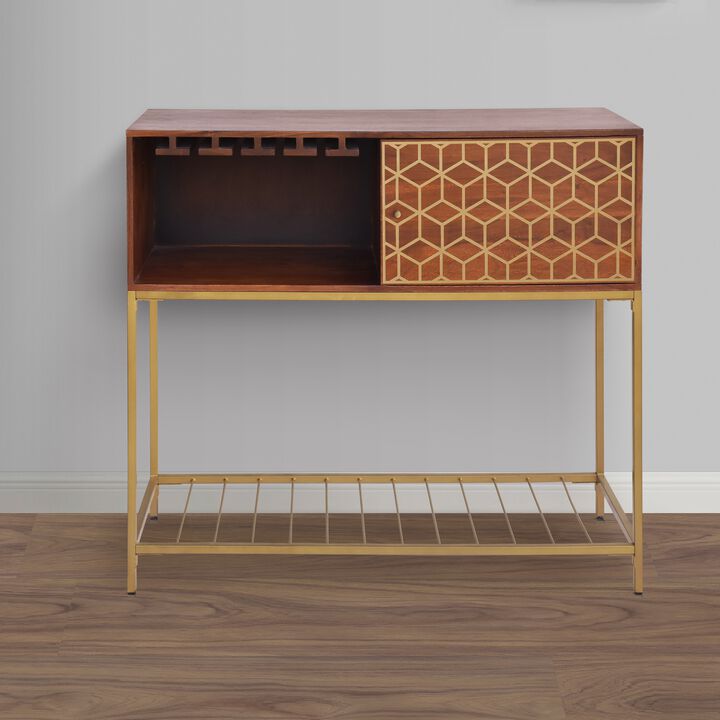 Kalyn 48 Inch Acacia Wood Bar Cabinet, 1 Door, Metal Frame, Geometric Screen-Printed Design