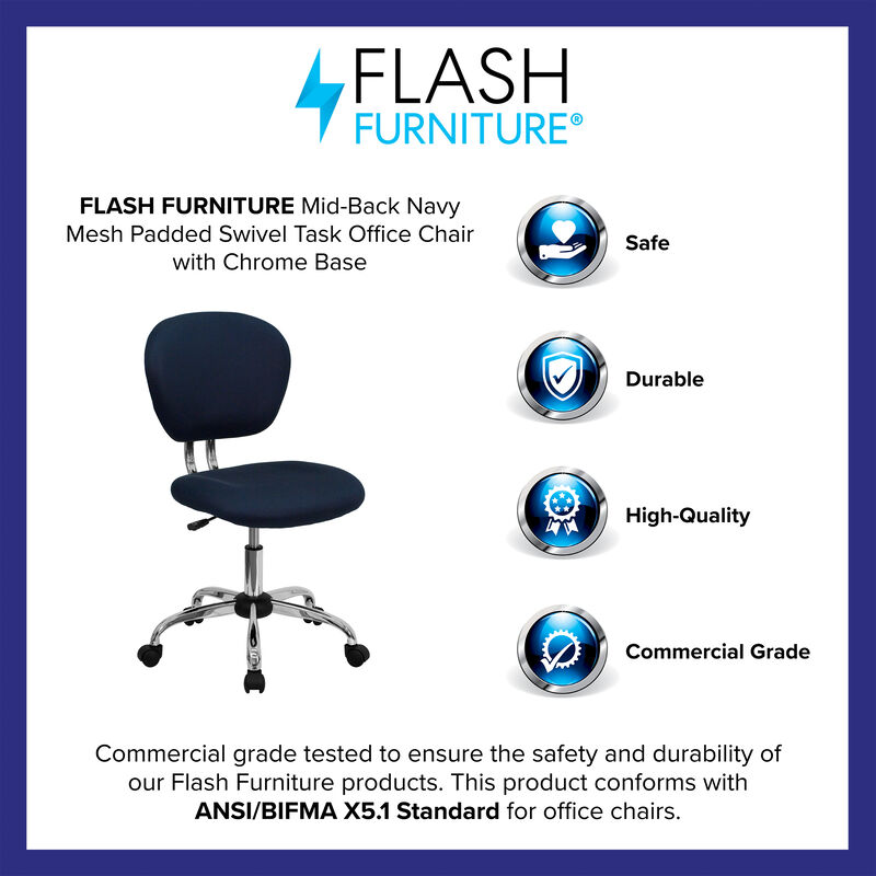 Beverly Mid-Back Navy Mesh Padded Swivel Task Office Chair with Chrome Base image number 3