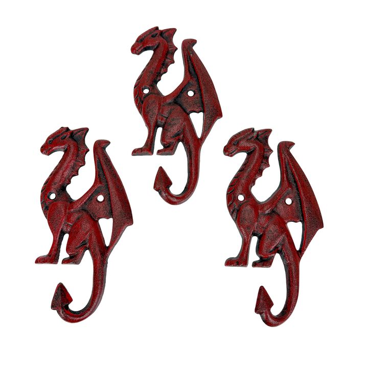 Set Of 3 Dragon Wall Hooks Red Distressed Cast Iron 65 In Decorative