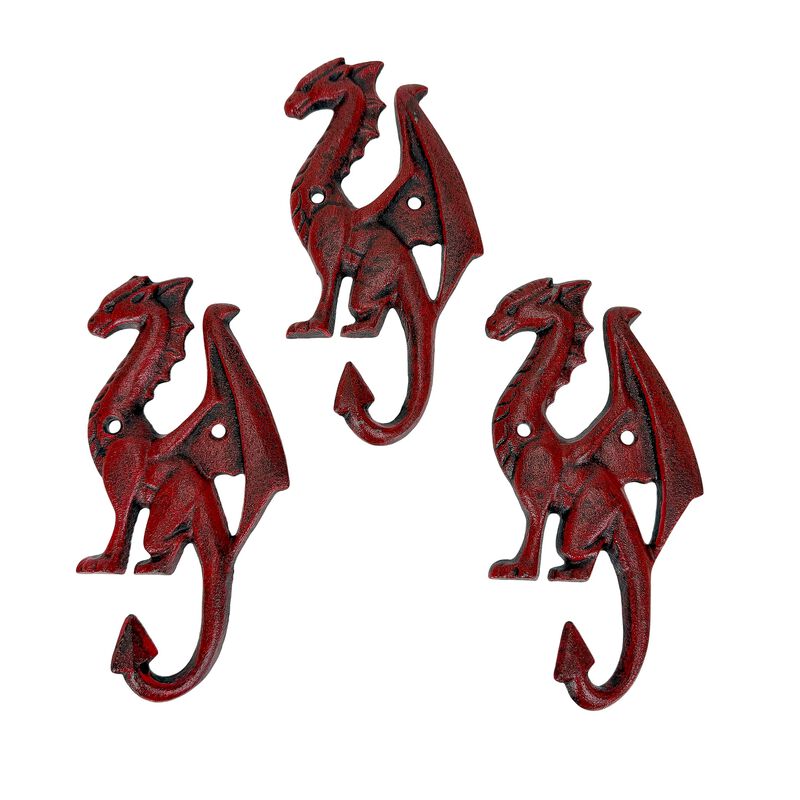 Set Of 3 Dragon Wall Hooks Red Distressed Cast Iron 65 In Decorative image number 0