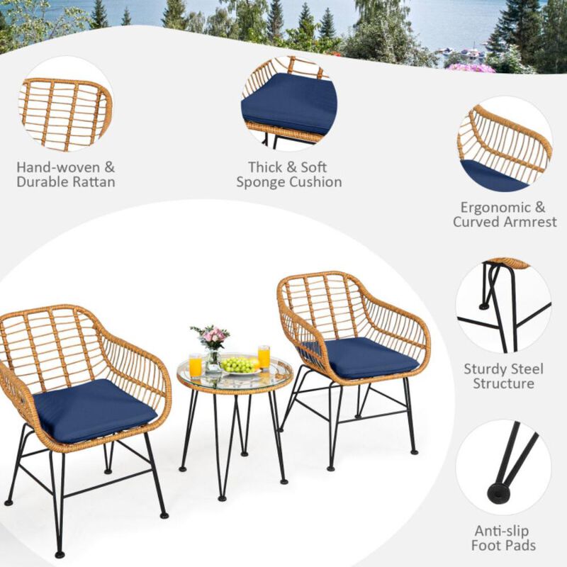 Hivvago 3 Pieces Rattan Furniture Set with Cushioned Chair Table